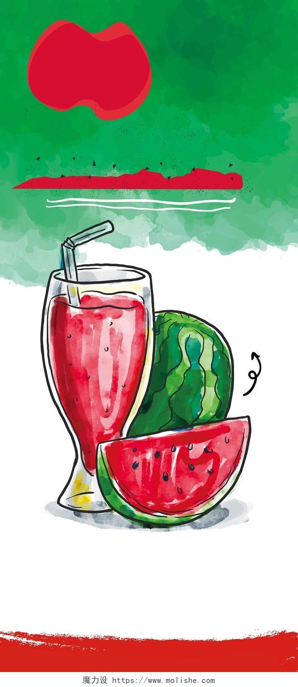 手绘绿白水果杯子绿叶简约西瓜汁果汁饮品夏天夏季易拉宝背景